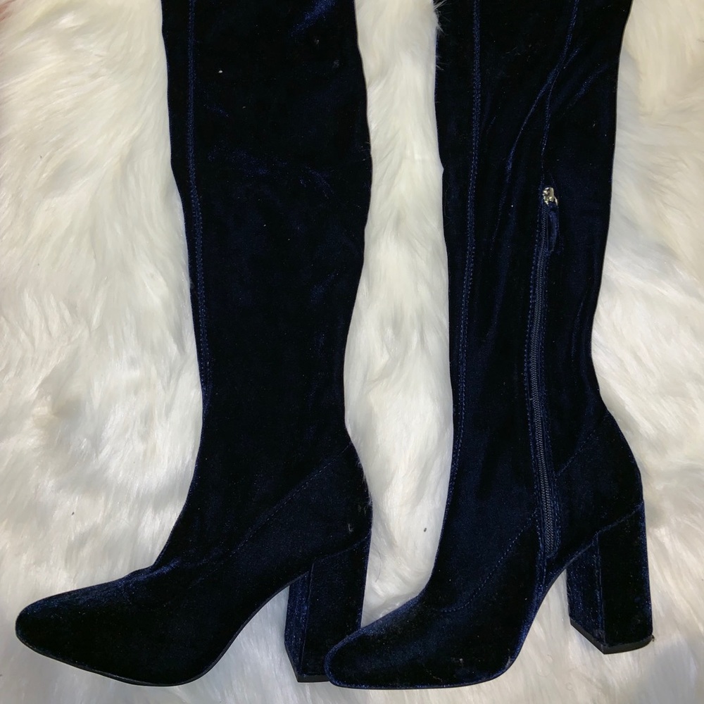 Zara over the knee velvet blue boots.